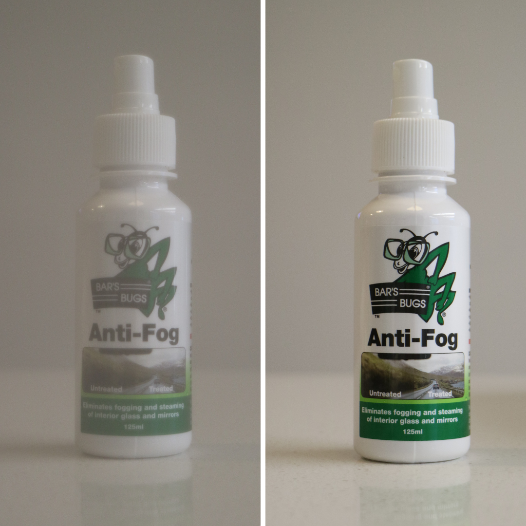 Before vs After Bar's Bugs Anti Fog glass and mirror treatment eliminates fogging of Interior Glass
